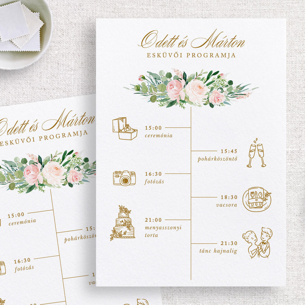 Blush virágos esküvői program kártya
