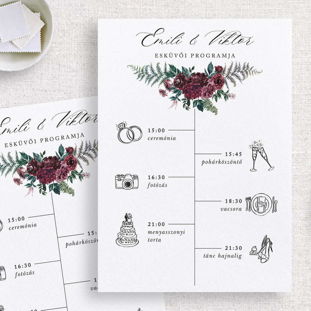 Burgundi virágos esküvői program kártya