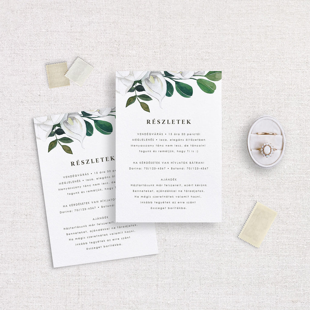 Fehér rózsás esküvői információs kártya