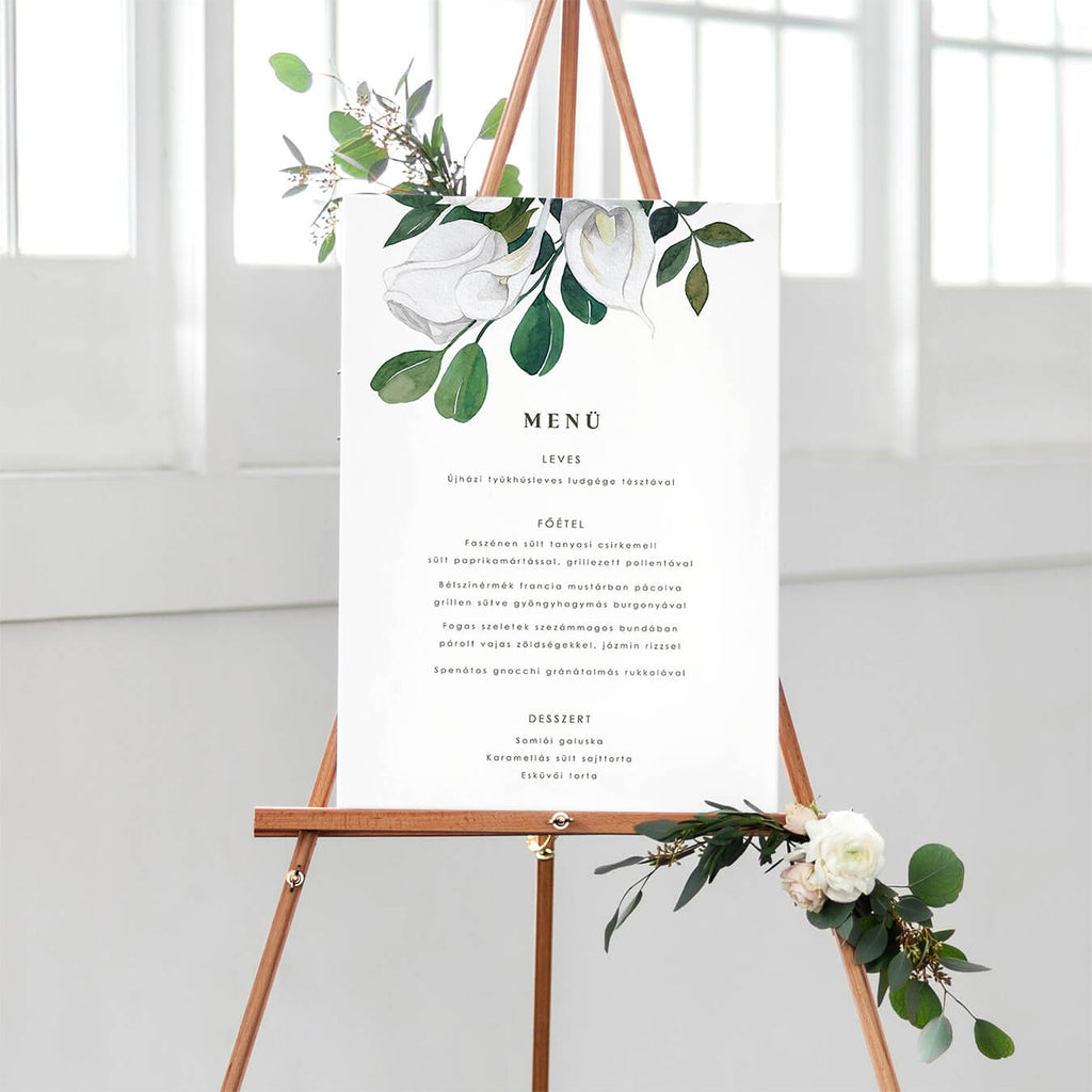 Fehér rózsás esküvői menütábla - Instant Meghívó