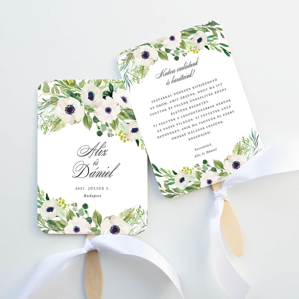 Fehér virágos esküvői legyező - Instant Meghívó
