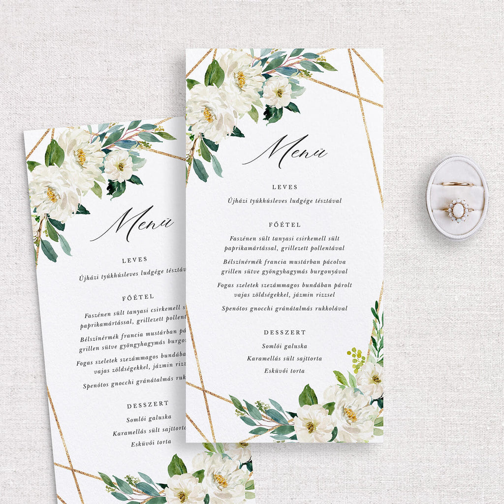 Fehér virágos esküvői menükártya - Instant Meghívó