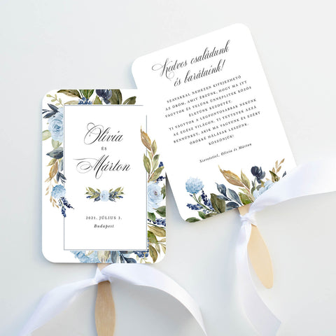 Kék virágos esküvői legyező - Instant Meghívó