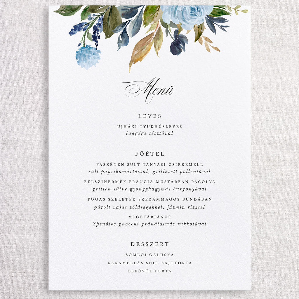 Kék virágos esküvői menütábla - Instant Meghívó