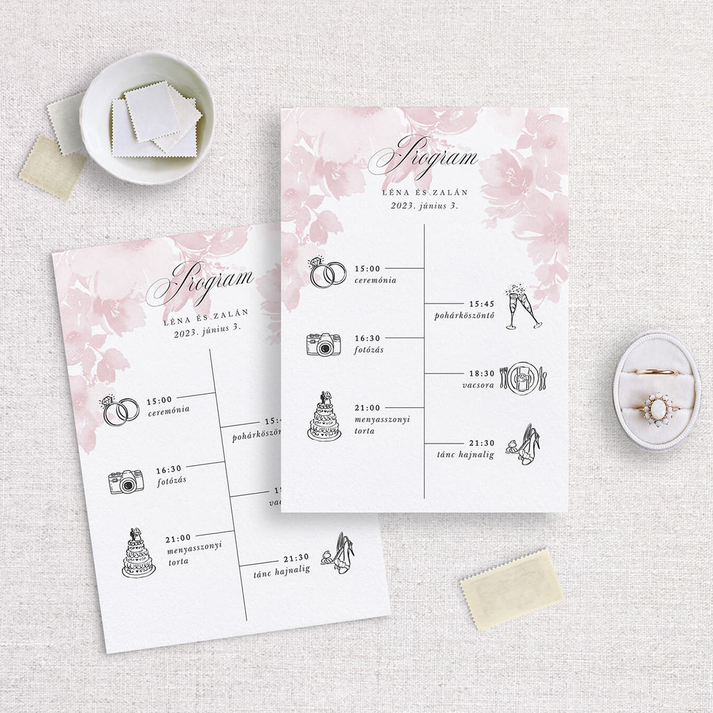 Instant Meghívó Pasztel virágok (blush) esküvői program kártya