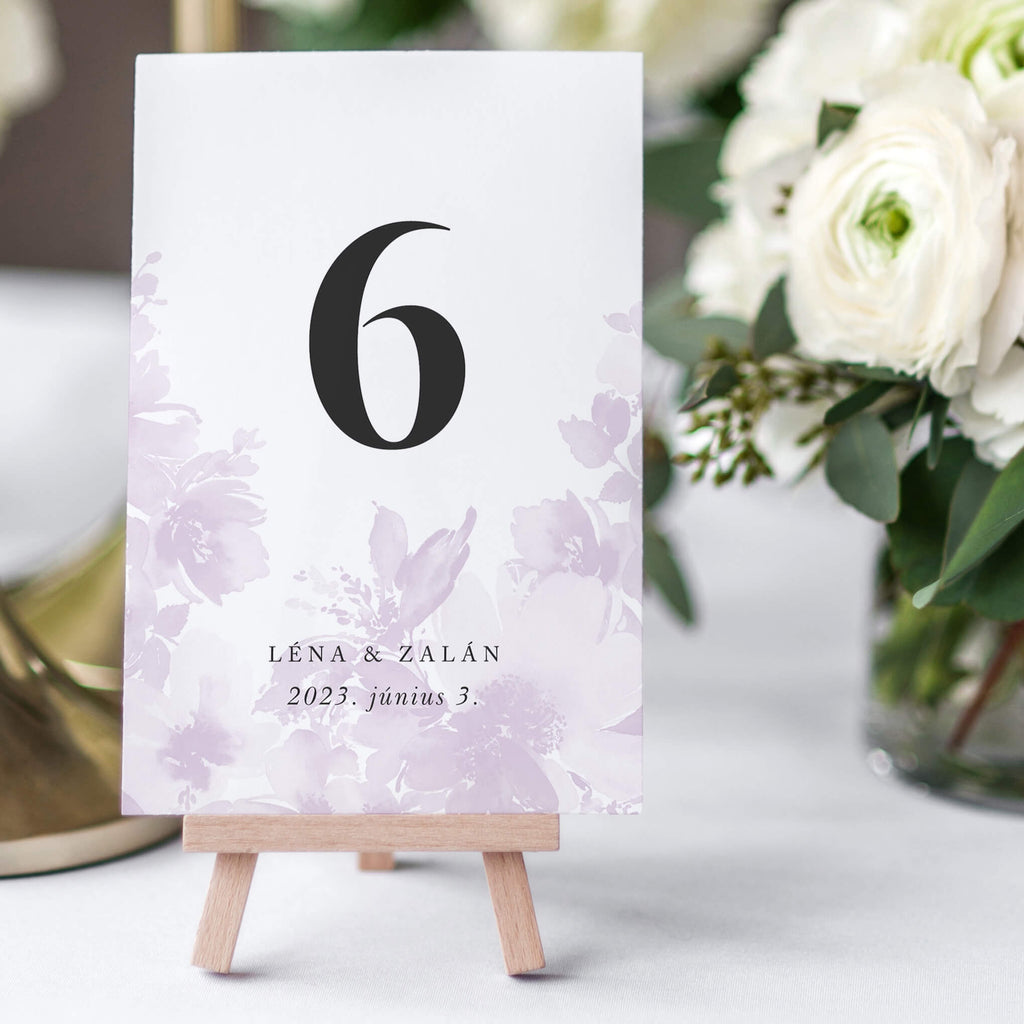 Instant Meghívó Pasztel virágok (lila) esküvői asztalszám