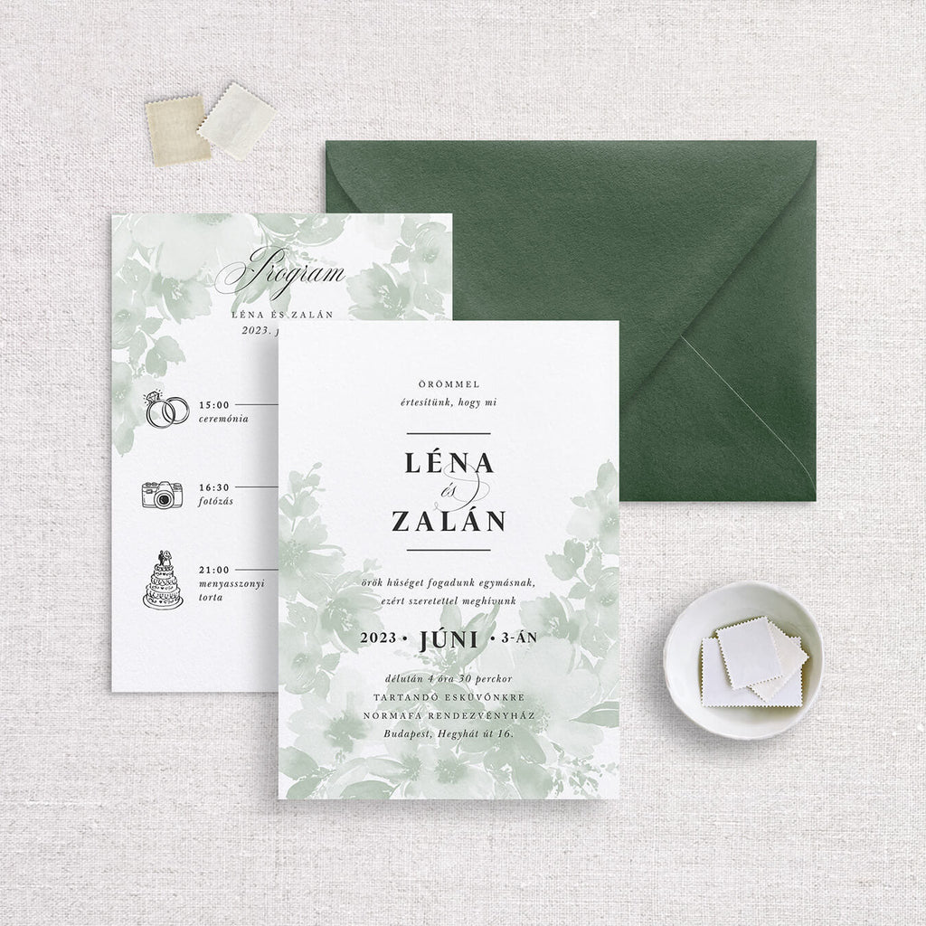 Instant Meghívó Kétoldalas pasztel virágok (zöld) esküvői meghívó