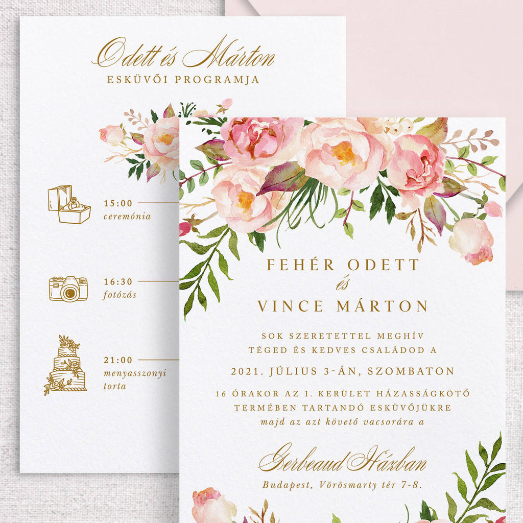 Kétoldalas, pink virágos esküvői meghívó