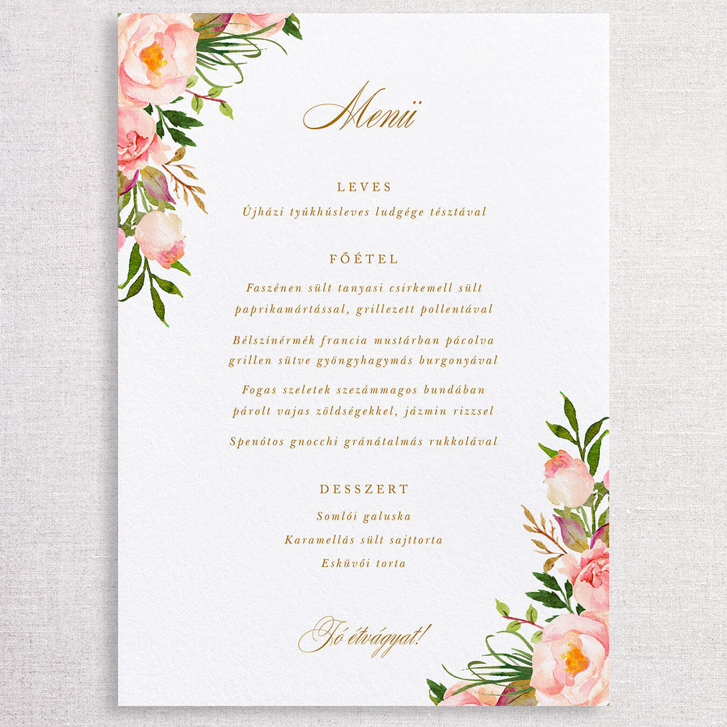Pink virágos esküvői menütábla - Instant Meghívó
