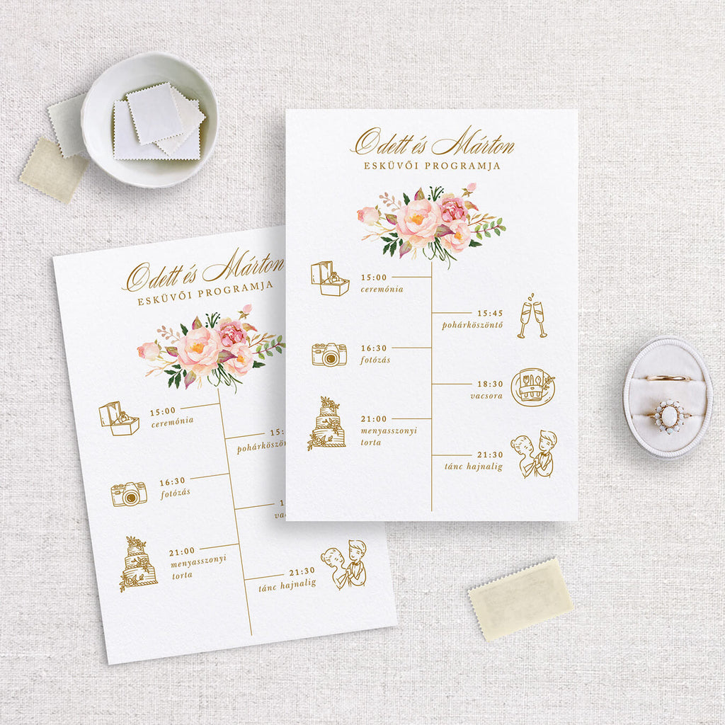Pink virágos esküvői program kártya