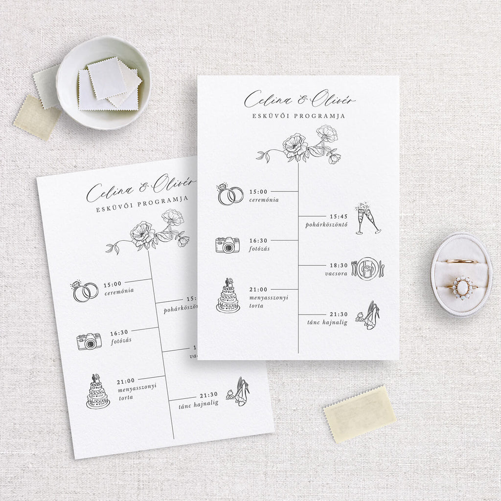 Egyszerű, rajzolt rózsás esküvői program kártya