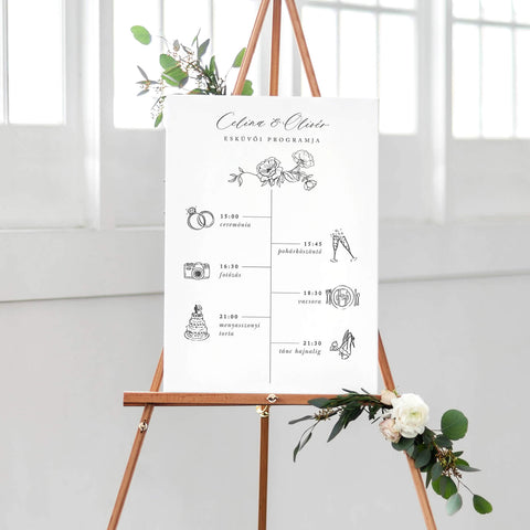 Egyszerű, rajzolt rózsás esküvői programtábla - Instant Meghívó