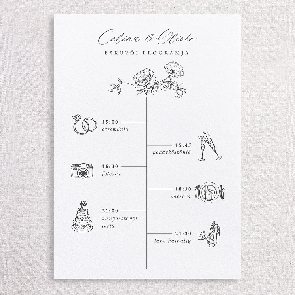 Egyszerű, rajzolt rózsás esküvői programtábla - Instant Meghívó