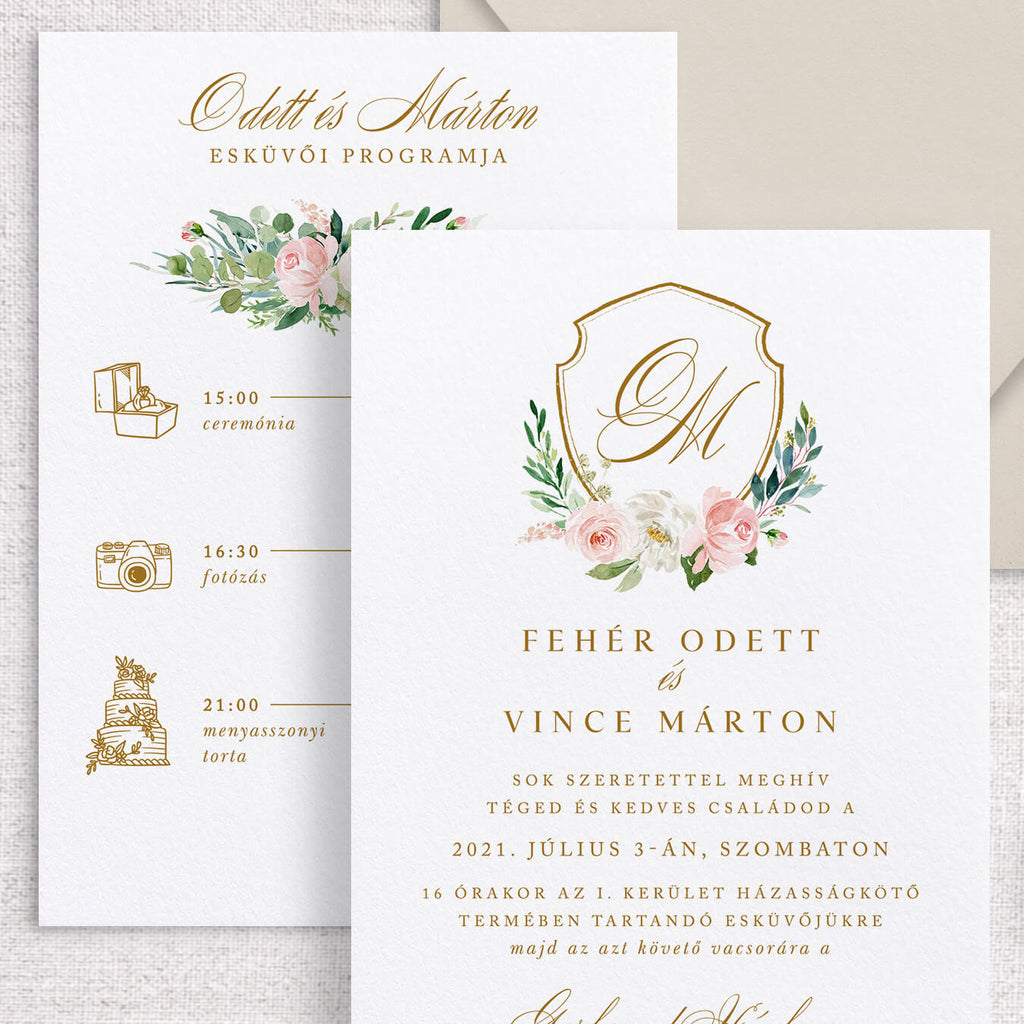 Kétoldalas, blush virágos esküvői meghívó címerrel