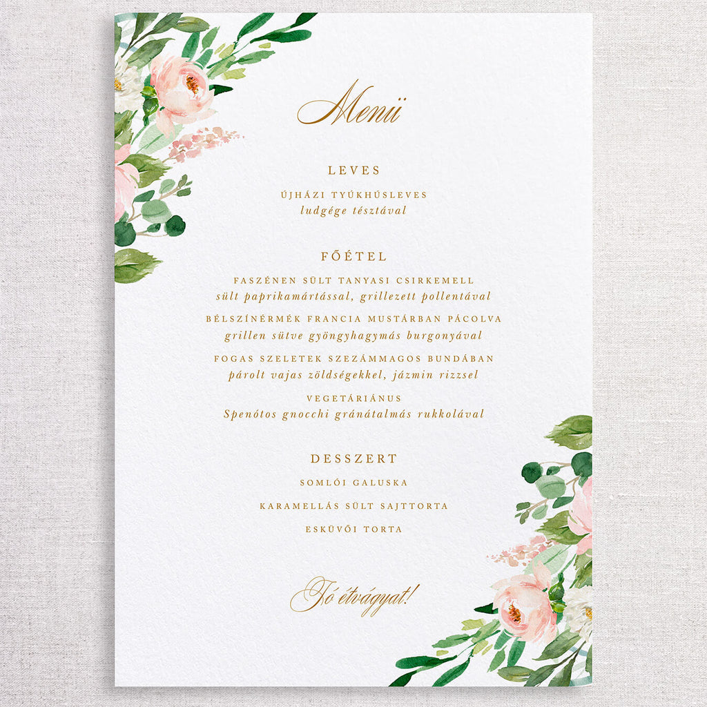 Blush virágos esküvői menütábla - Instant Meghívó