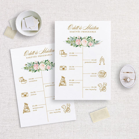 Blush virágos esküvői program kártya