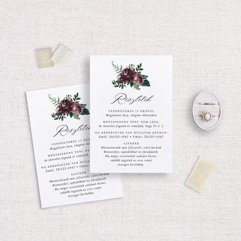 Burgundi virágos esküvői információs kártya