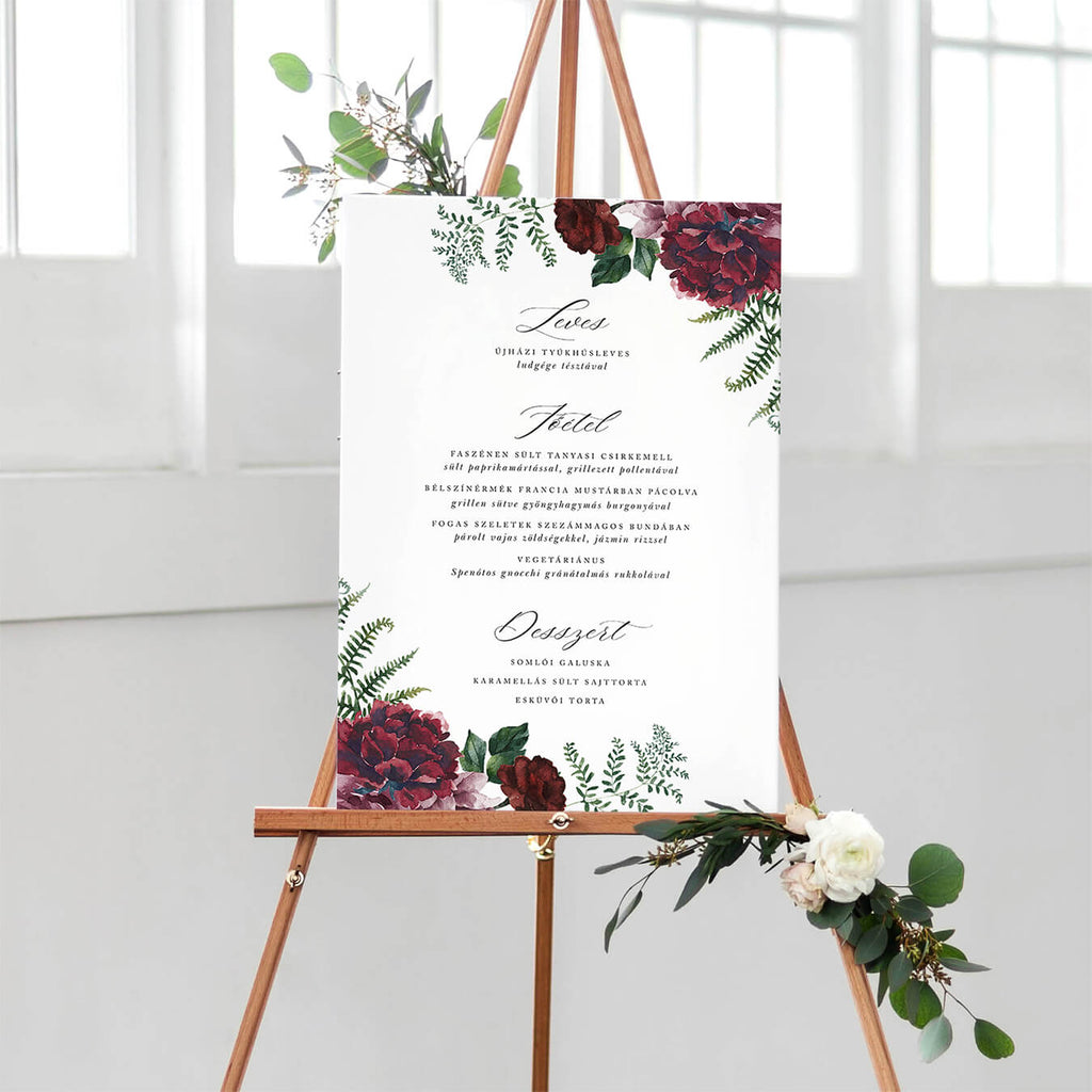Burgundi virágos esküvői menütábla - Instant Meghívó