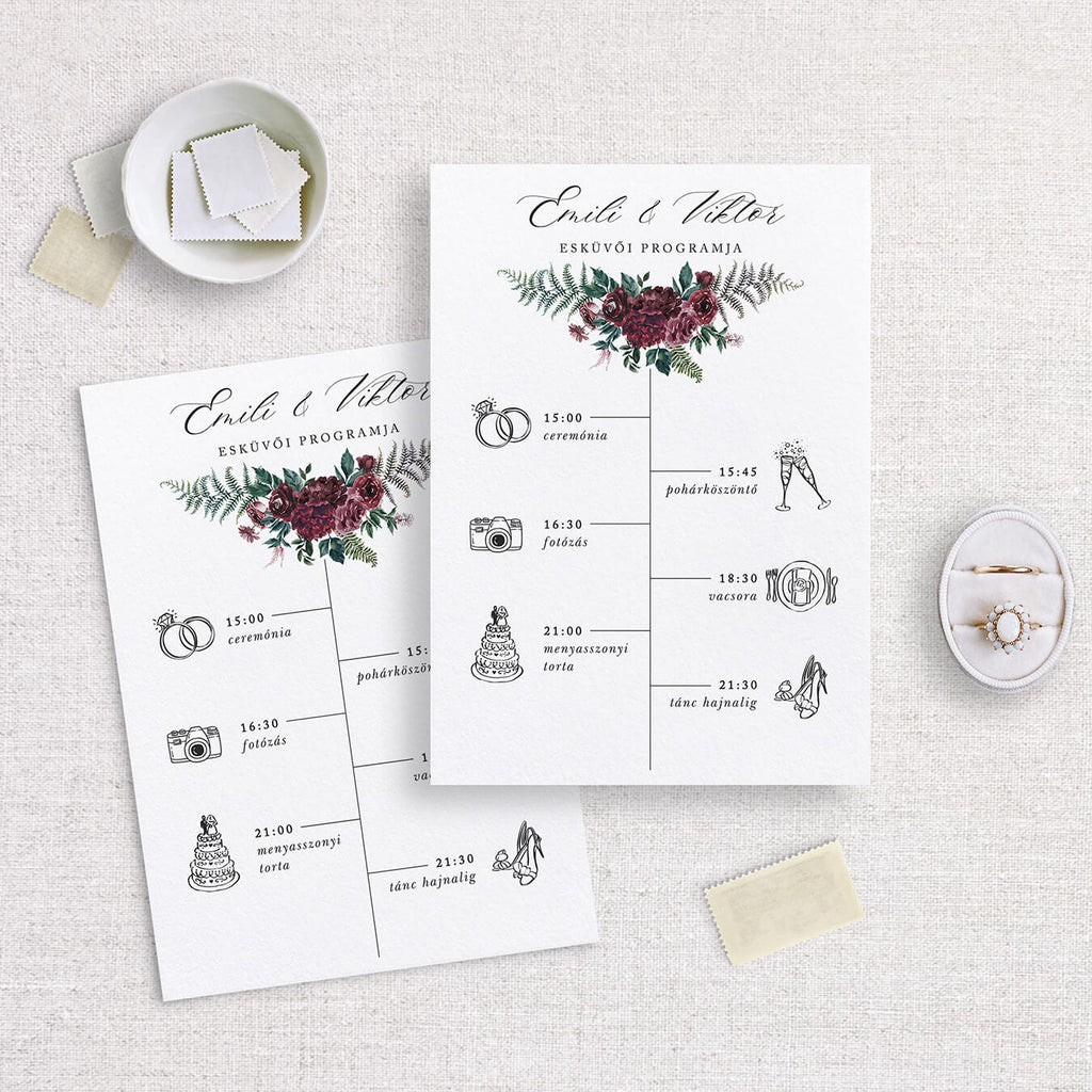 Burgundi virágos esküvői program kártya
