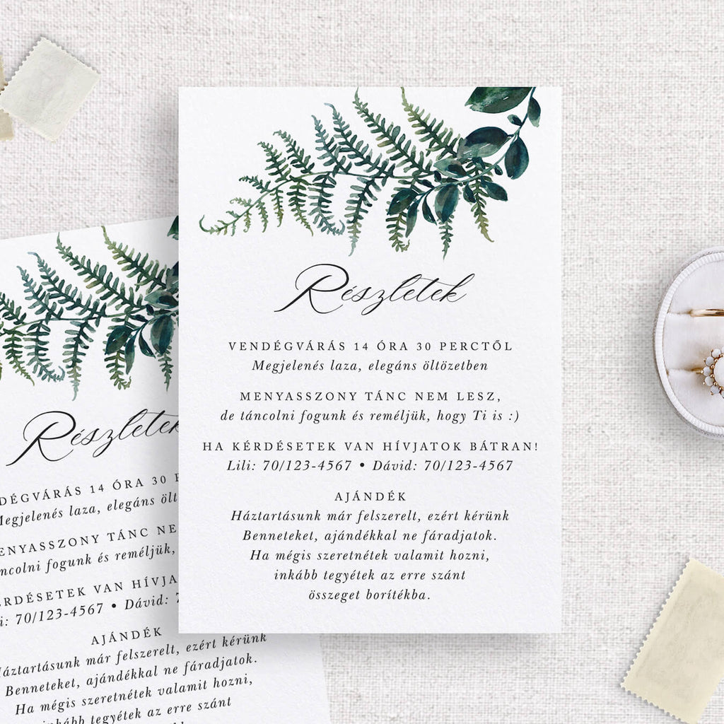 Erdei greenery esküvői információs kártya