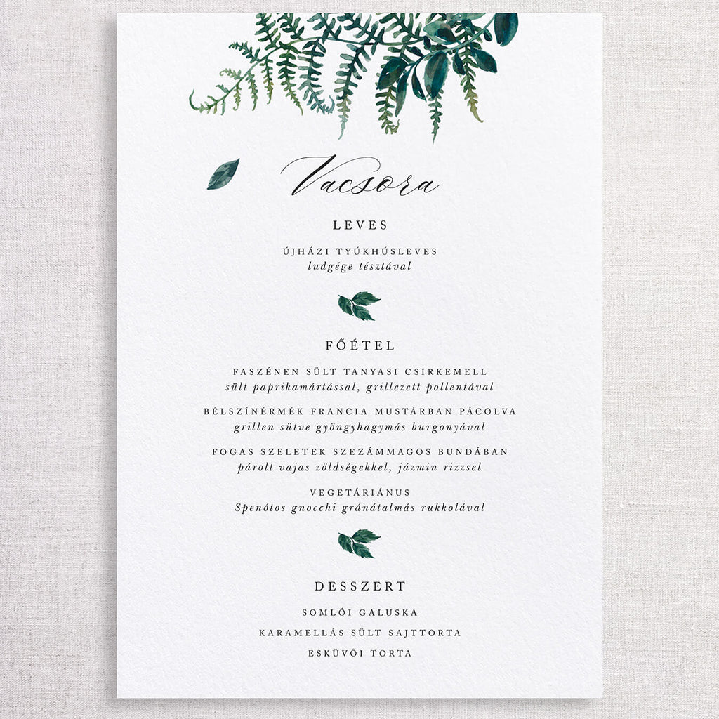 Erdei greenery esküvői menütábla - Instant Meghívó