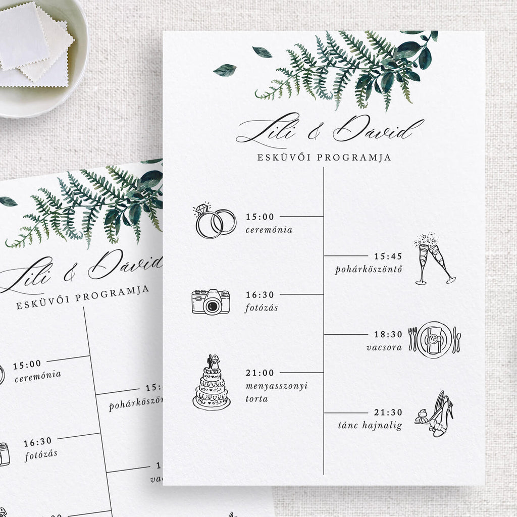 Erdei greenery esküvői program kártya