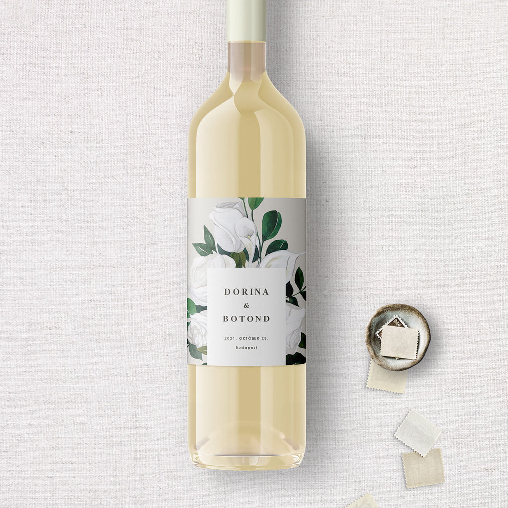 Fehér rózsás esküvői boros címke