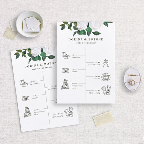 Fehér rózsás esküvői program kártya