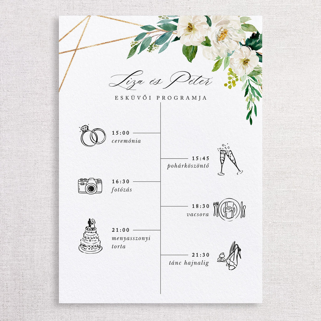 Fehér virágos esküvői programtábla - Instant Meghívó