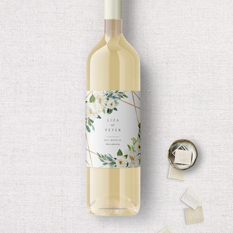 Fehér virágos esküvői boros címke - Instant Meghívó