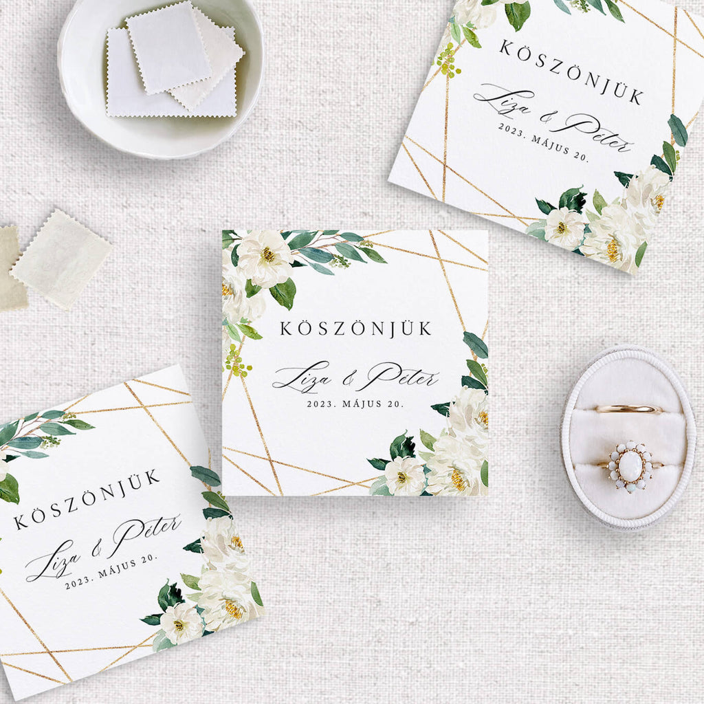 Fehér virágos esküvői címke - Instant Meghívó
