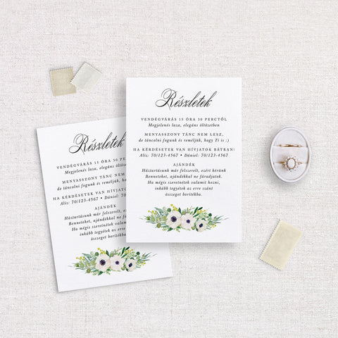Fehér virágos esküvői információs kártya