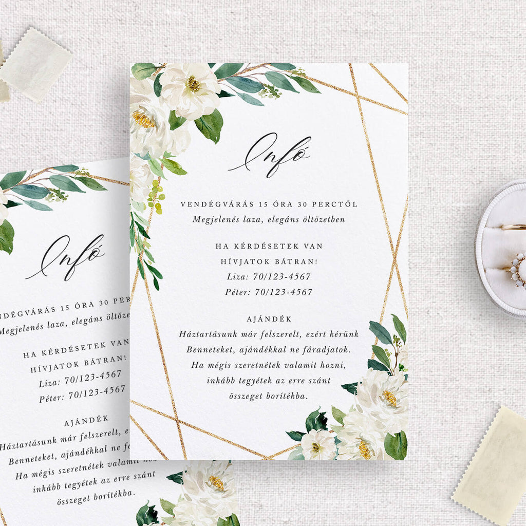 Fehér virágos esküvői információs kártya - Instant Meghívó