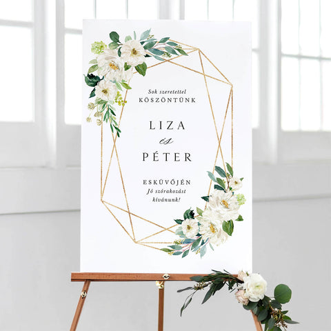 Fehér virágos esküvői köszöntő tábla - Instant Meghívó