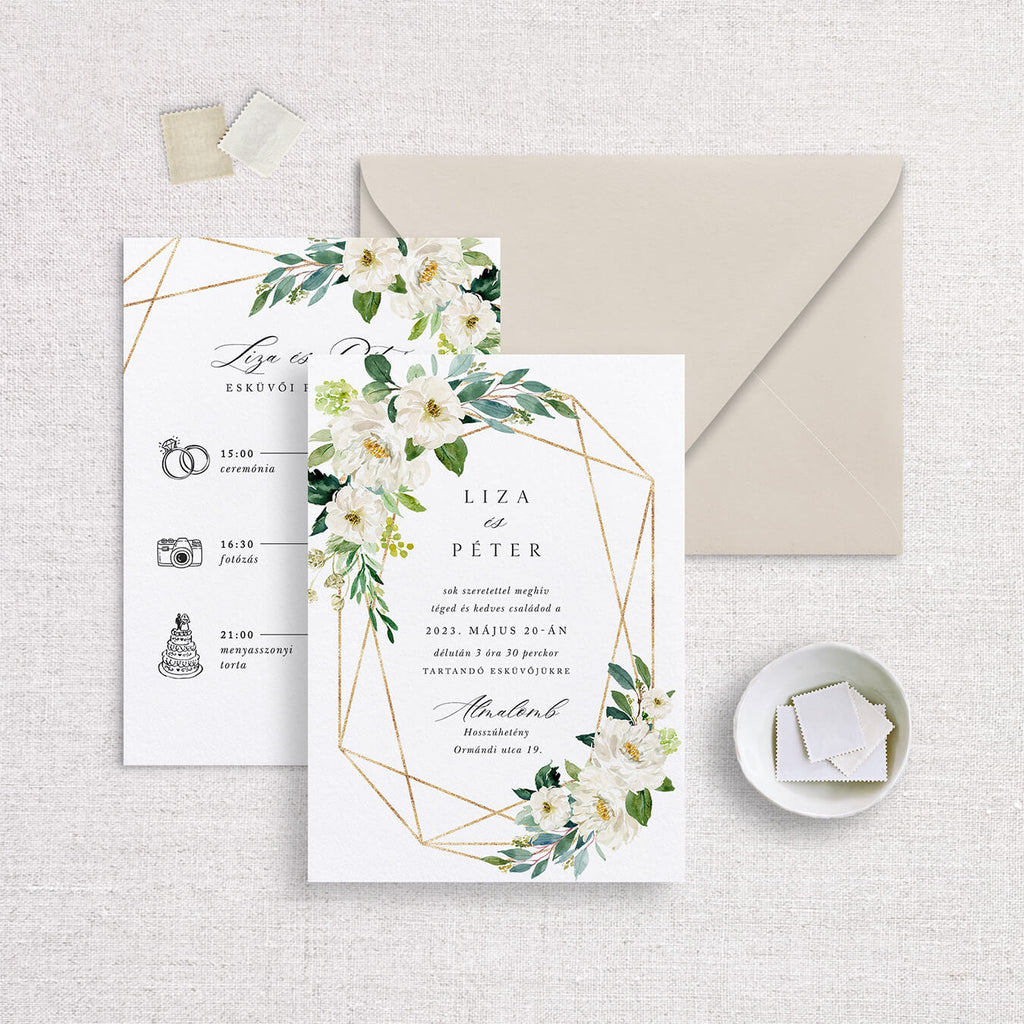 Kétoldalas, fehér virágos esküvői meghívó - Instant Meghívó