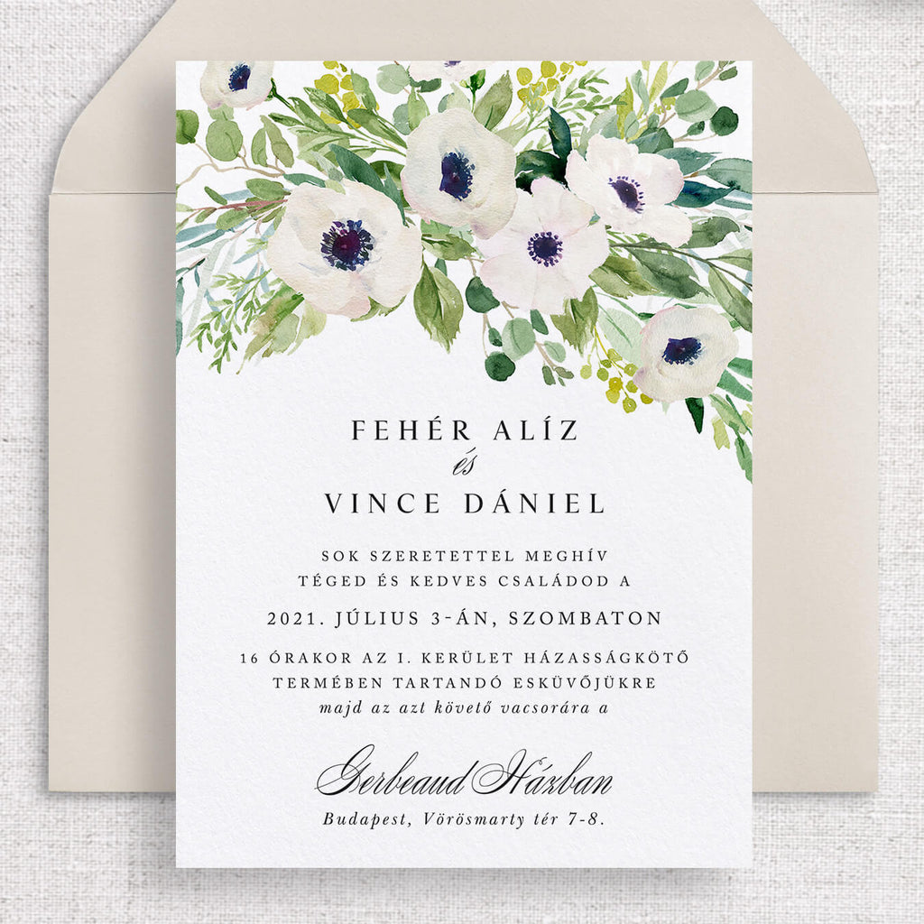 Fehér virágos esküvői meghívó