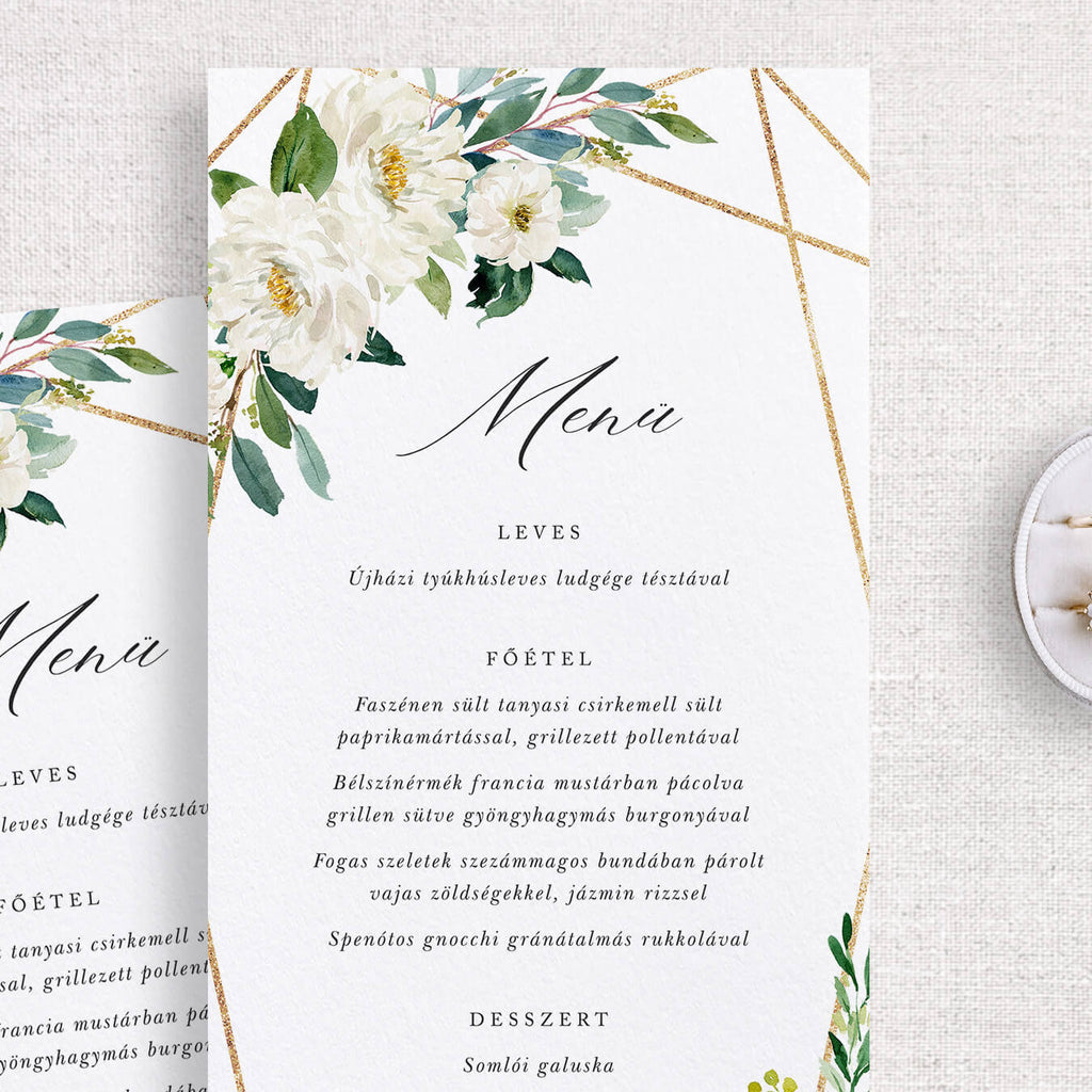 Fehér virágos esküvői menükártya - Instant Meghívó