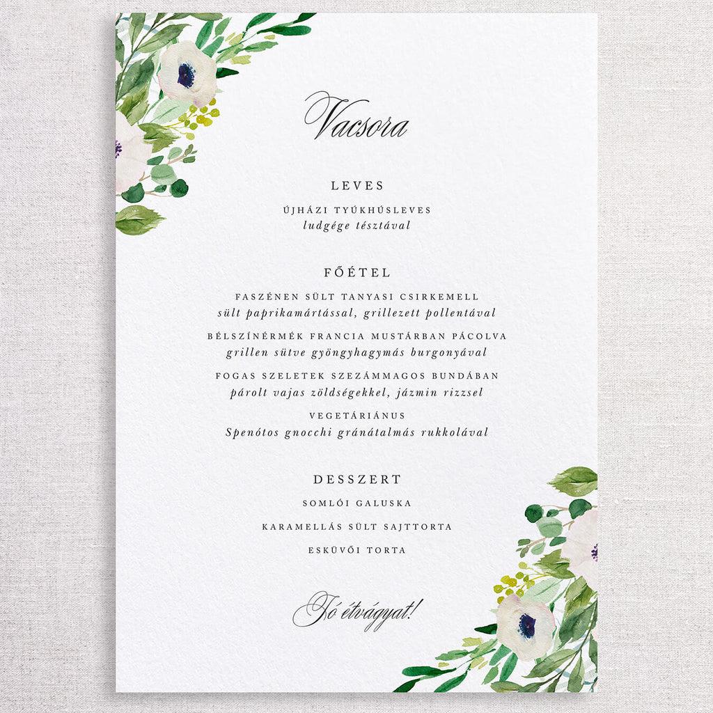 Fehér virágos esküvői menütábla - Instant Meghívó