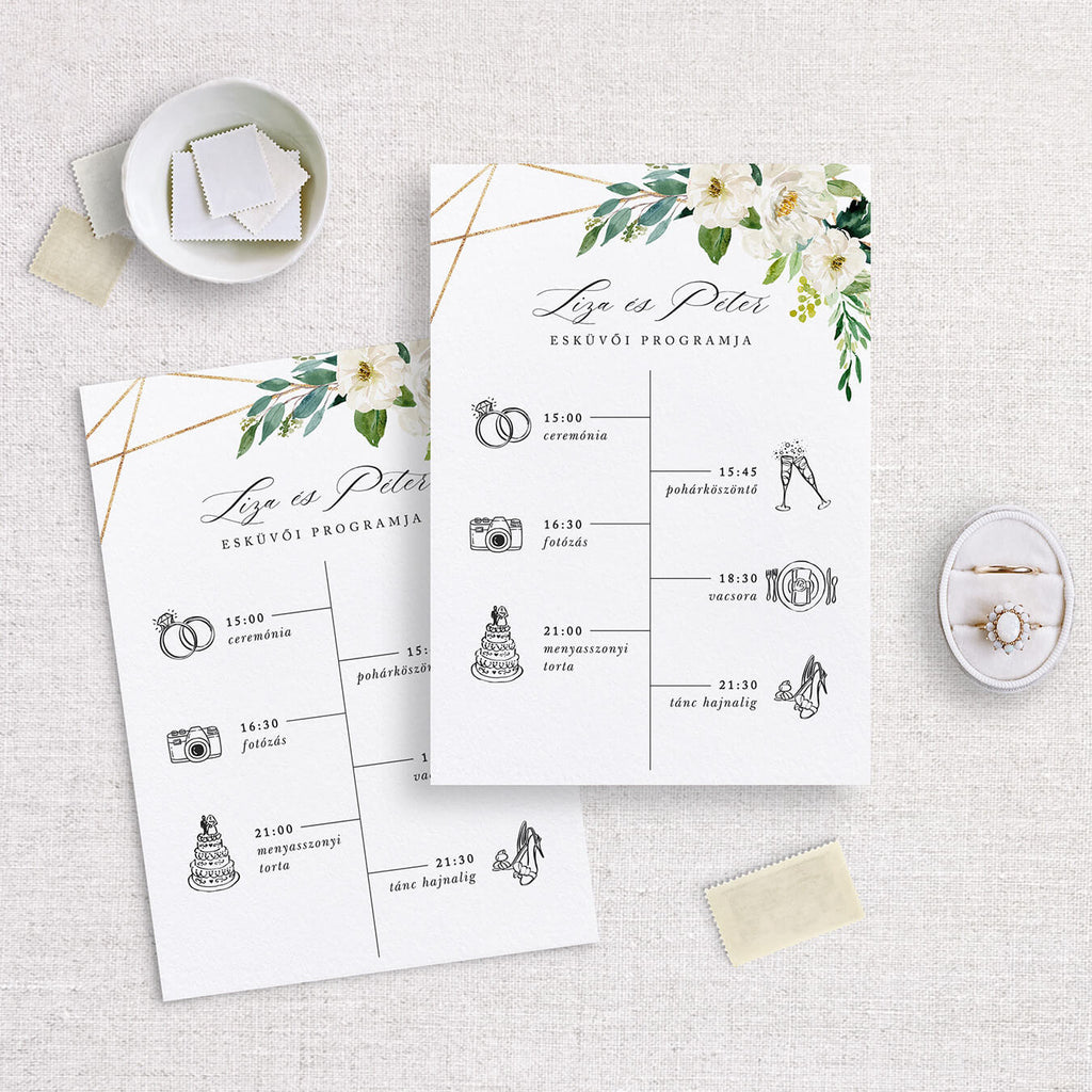 Fehér virágos esküvői program kártya - Instant Meghívó