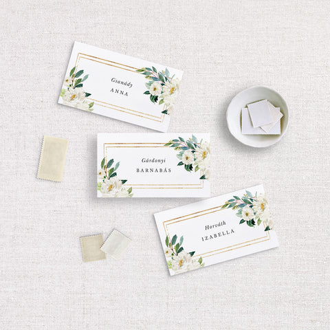 Fehér virágos hajtott esküvői ültetőkártya - Instant Meghívó