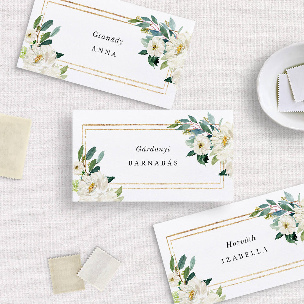 Fehér virágos hajtott esküvői ültetőkártya - Instant Meghívó