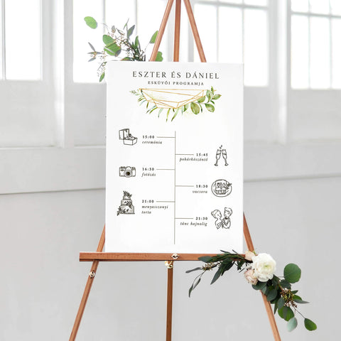 Geometrikus greenery esküvői programtábla - Instant Meghívó