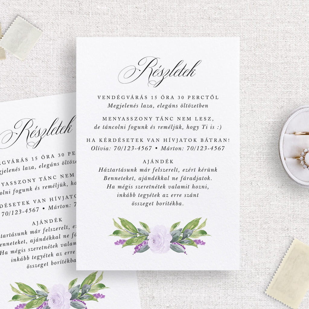 Halványlila virágos esküvői információs kártya