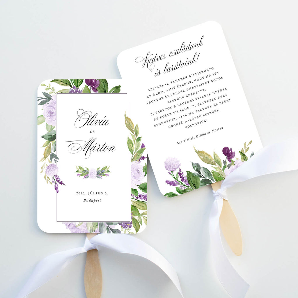 Halványlila virágos esküvői legyező - Instant Meghívó