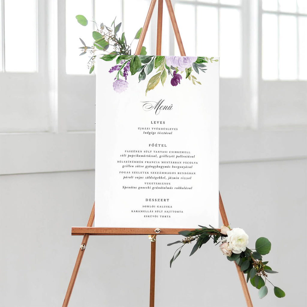 Halványlila virágos esküvői menütábla - Instant Meghívó