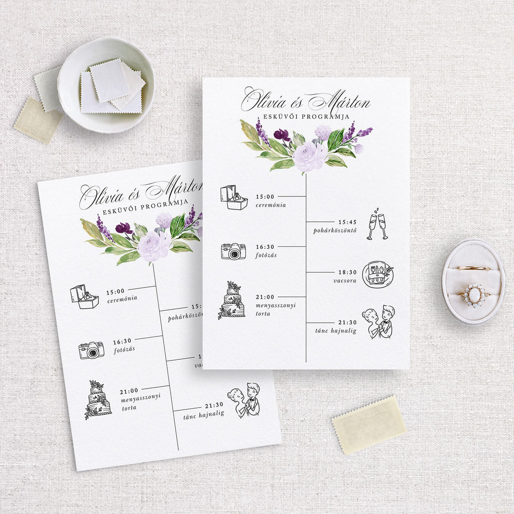 Halványlila virágos esküvői program kártya