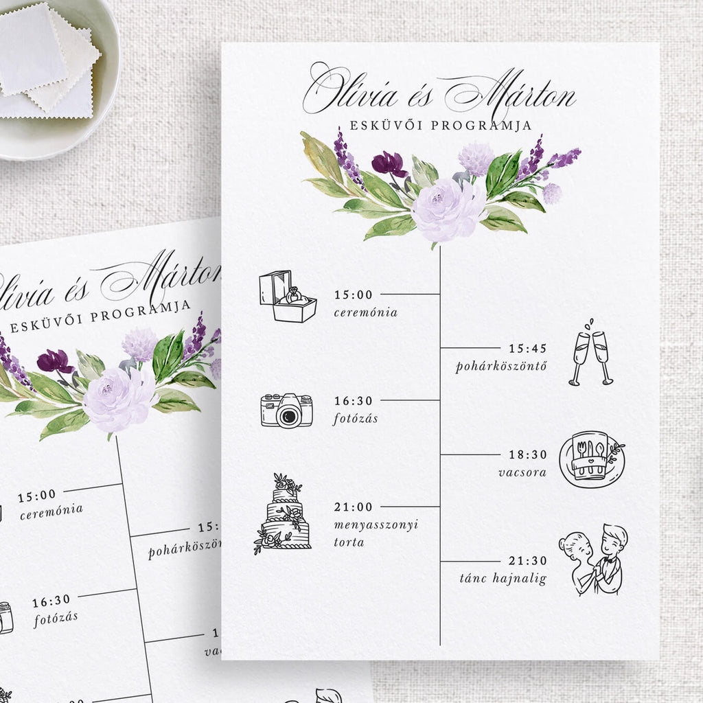 Halványlila virágos esküvői program kártya