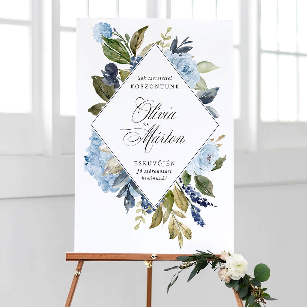 Kék virágos esküvői köszöntő tábla