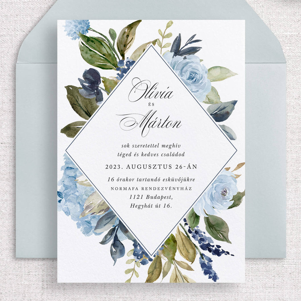 Kék virágos esküvői meghívó
