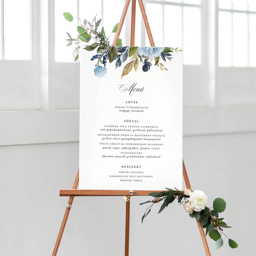 Kék virágos esküvői menütábla - Instant Meghívó